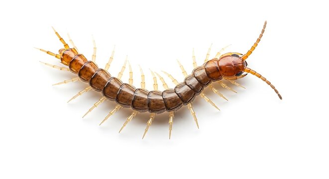 Brown centipede on white background closeup.