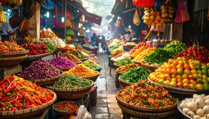 Obraz premium Discover the lively atmosphere of Thailand's markets through vibrant colors and local flavors.
