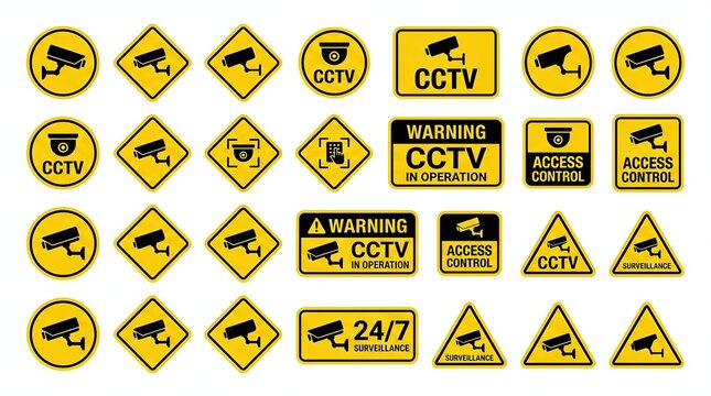 Collection of yellow warning signs featuring CCTV camera graphics, indicating surveillance, access control, and operation status in various shapes and designs for security purposes