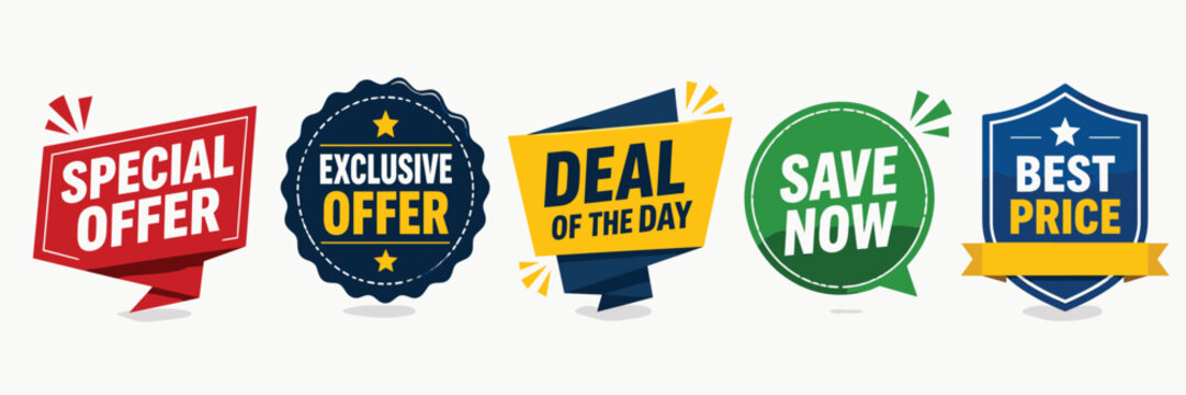 Set of five modern discount and offer labels including special offer, exclusive and deal of the day.