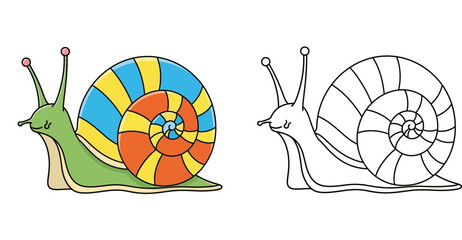 Cute Snail Vector Illustration and Coloring Page Set - Colorful Cartoon Snail and Black and White Outline for Kids Education, Drawing, and Creative Activities © SHOHAG