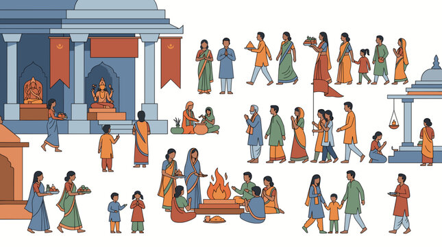 Hindu Pilgrims and Devotees Performing Havan and Puja at Shakti Peeth Temple Vector Set. Flat Cultural Illustration of Religious Traditions.