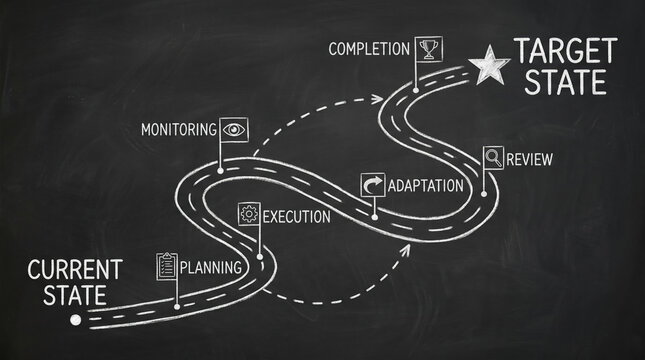 Business roadmap strategy on blackboard, current state to target state journey, project management milestones with planning and execution phases