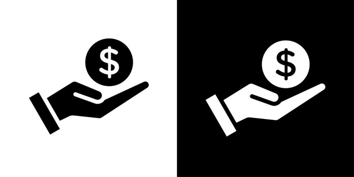 Donation hand icon in solid style representing charity support, financial donation, fundraising, generosity and community care concept.