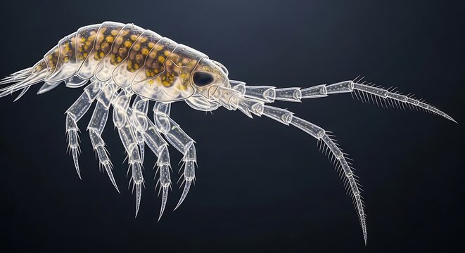 Closeup of a transparent copepod crustacean.