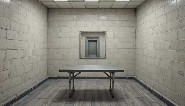 A dimly lit prison cell with a small window and a metal table in the center of the room with a gray floor and walls made of concrete blocks
