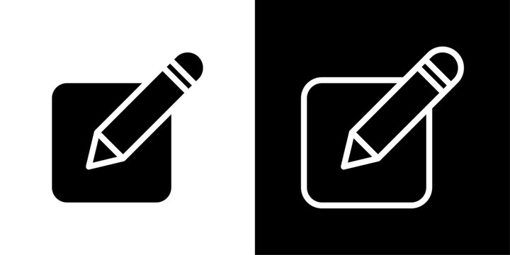 Edit icon in solid fill style showing pencil inside rounded square, representing content editing, text modification, document updates and mobile app interface tools.