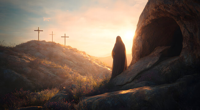 Woman standing near empty tomb of Christ on Resurrection morning. Biblical scene of Easter with crosses on a hill. Christian religious concept.