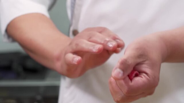 A detailed close-up shot of a professional chef's hands delicately handling a fresh, bright red slice of tuna while preparing nigiri sushi. The footage captures the precision and artistry of Japanese 