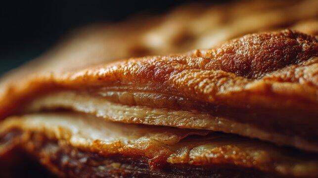 Close-Up View of Crispy Pork Skin Showing Delicious Layers with Rich Color and Texture Ideal for Culinary Illustrations and Food Photography Projects