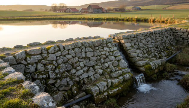 Stone wall dam creating a small waterfall in rural landscape