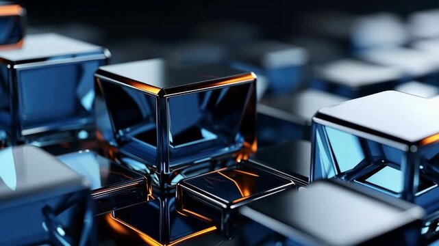 Cubes made of blue glass are arranged on a surface. Light reflects off their surfaces, creating interesting shapes and shadows. The arrangement changes in different frames.