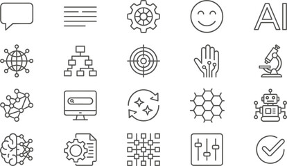 Fototapeta premium Artificial Intelligence and Technology Icon Set with AI, Network, Machine Learning, Robotics, Data, Analytics, Brain, and Digital Tools for Vector Projects