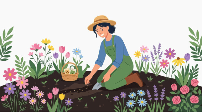 A joyful gardener tends a vibrant flower bed, illustrating a fulfilling pastime, cultivating blossoms, connecting with nature, and finding peace in the simple act of nurturing life. 