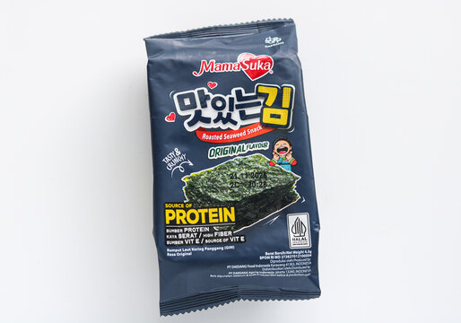 Tangerang, Indonesia - February 11, 2026: MamaSuka roasted seaweed snack original flavor.