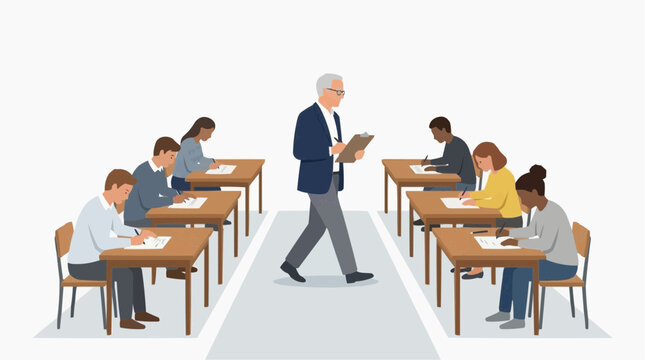 A dedicated educator observes students during an exam, epitomizing diligence and the pursuit of knowledge in a setting of academic excellence.