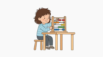 Fototapeta premium A young child concentrates on counting using a traditional abacus. Illustrating the child's learning process. 