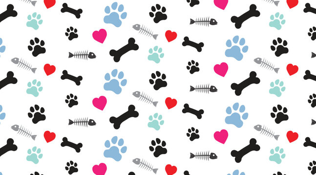 Pet paw print seamless pattern with bones fish skeletons and hearts vector background.