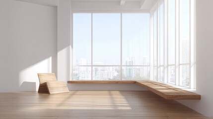 Fototapeta premium Bright and Spacious Modern Interior Design with Large Windows and Minimalist Wooden Elements in Contemporary Urban Setting