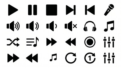 Music audio icon set black and white flat pictogram isolated on white background © Yuzma