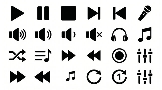 Music audio icon set black and white flat pictogram isolated on white background