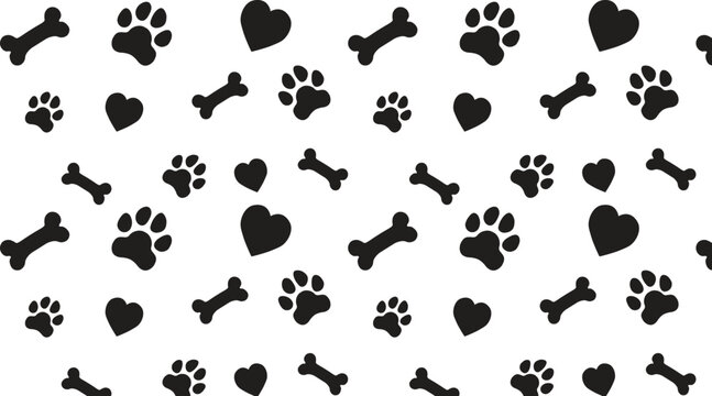 Pet paw print seamless pattern with bones and hearts cute animal background vector.