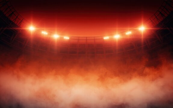 Abstract background of dark sports arena illuminated by bright red stadium lights casting hazy glowing effect through heavy mist or smoke. High quality photo
