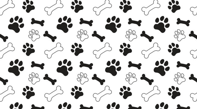 Pet paw print seamless pattern with bones and hearts cute animal background vector.