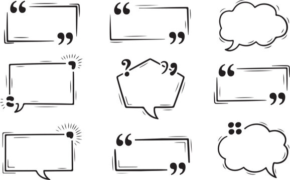 Versatile set of hand drawn speech bubbles and quote boxes with quotation marks ideal for text messages