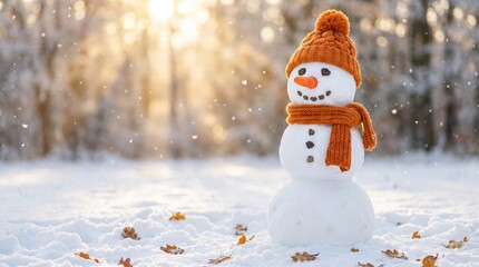 Fototapeta premium A cheerful snowman wearing an orange knitted hat and scarf standing in a snowy forest during a sunny winter day with golden light filtering through the trees and falling snowflakes