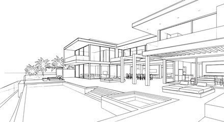 Fototapeta premium Architectural sketch of a modern luxury villa with swimming pool and outdoor lounge area in a minimalist line drawing style