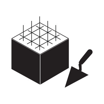 Construction concrete block with steel reinforcement and plastering trowel icon. Industrial masonry work and building foundation materials isolated on white.