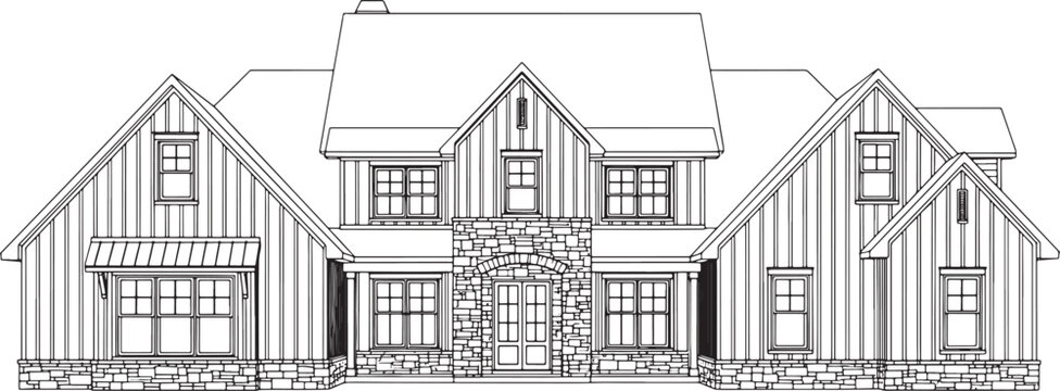 Front elevation architectural drawing of a large luxury house with stone facade and vertical siding for residential construction planning