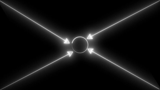 Four White Neon Arrows Pointing Inward on Black Background direction convergence
