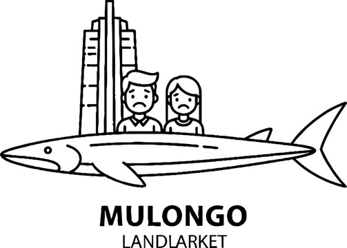 Sad couple with giant fish and skyscraper illustration