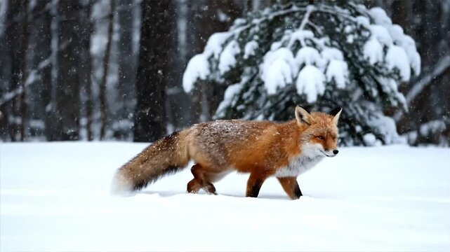 Red Fox Walking in Snow-Covered Forest During Winter.