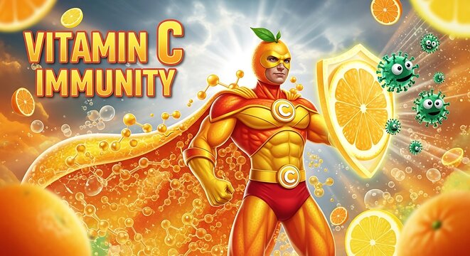 vitamin c superhero boosting immunity with glowing citrus shield in vibrant health concept