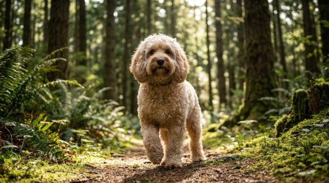 Fluffy dog walking on a forest path