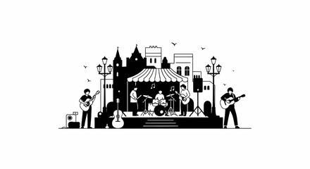 Obraz premium Black and white city street musicians.