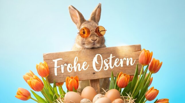 Easter bunny wearing sunglasses holding a wooden sign with frohe ostern text surrounded by tulips and eggs
