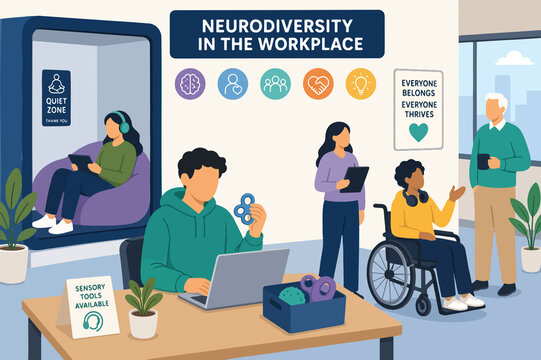Neurodiversity in the workplace concept with inclusive office environment and diverse employees