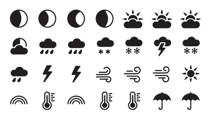 Naklejka premium Weather icons set, moon phases, sun and clouds, rain, snow, lightning, wind.