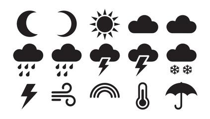 Naklejka premium Weather icons, moon crescent, sun, clouds, rain, lightning, snow, wind, umbrella.