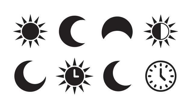 Sun and moon with crescent phases, day and night concept, flat line icon set with clocks.
