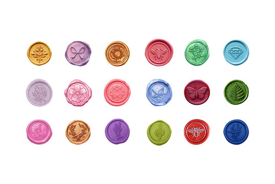 Colorful wax seal set isolated on transparent background, vintage sealing stamps collection for scrapbook, journaling and stationery design