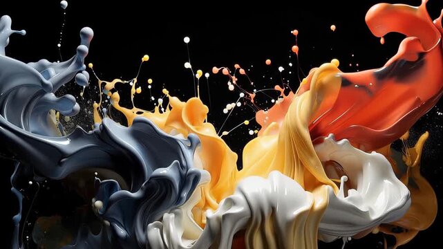 Liquid colors twist and blend in dynamic movements as they splash against a dark background. The changing shapes create a vibrant display of motion and fluidity over time.