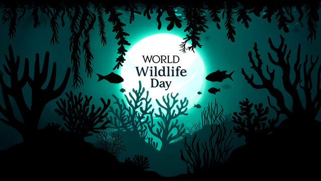 Beautiful underwater scene with glowing moon and marine life celebrating world wildlife day