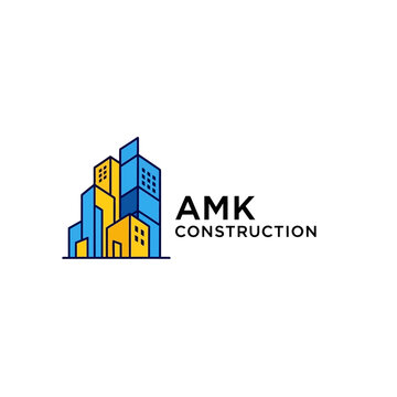 AMK Construction Logo with Stylized Blue and Yellow Buildings.