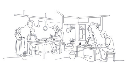 Obraz premium Group of people working together in a rustic kitchen setting.