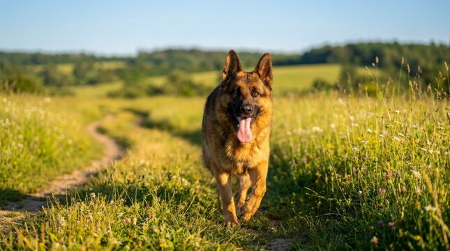 German Shepherd dog running on a path in a grassy field